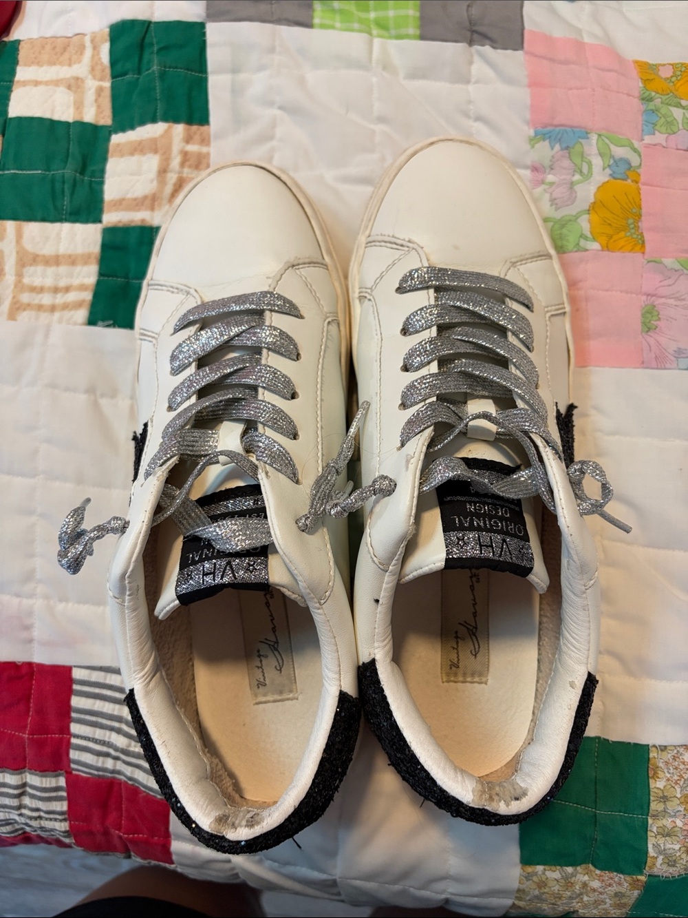 Vintage Havana White Sneakers with Silver Laces and Black Heel